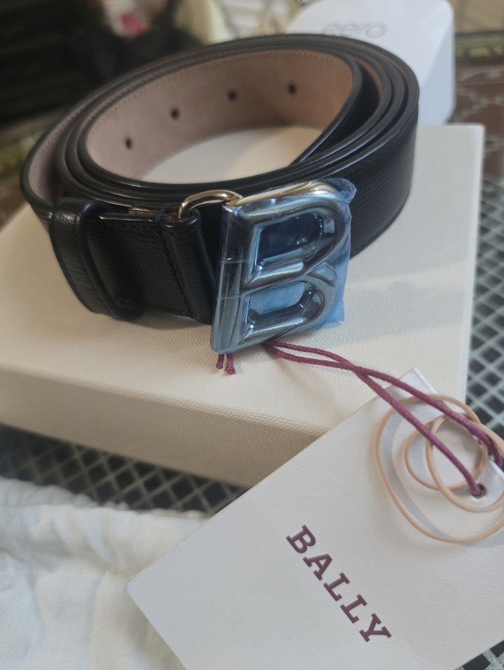 Bally Black Leather Men's Belt with Blue 'B' Logo Buckle Size 115/46 NWT
